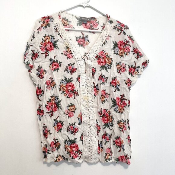 LOVESICK BY TORRID 0 Plus Size White Pink Floral Crochet Lace Short Sleeve Top - Picture 1 of 16
